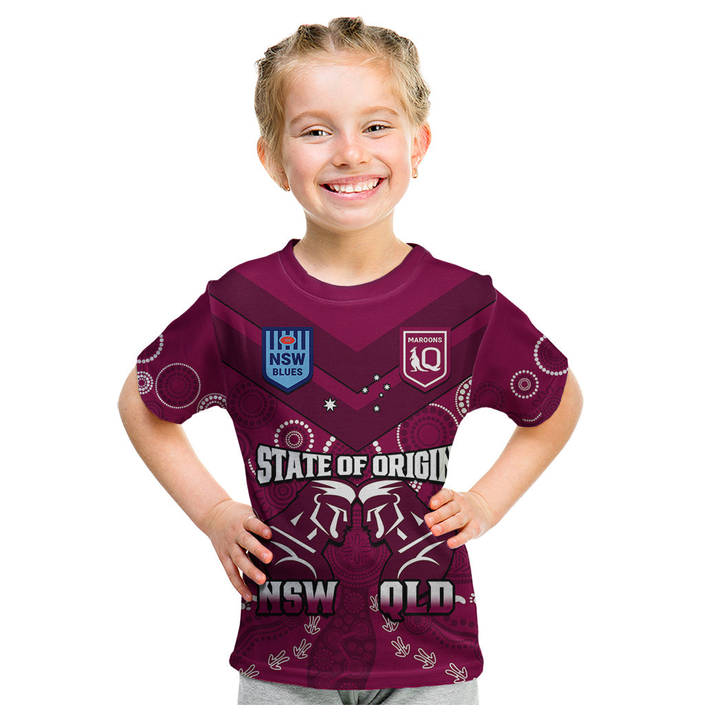 QLD Maroons and NSW Blues Rugby Kid T Shirt State of Origin 2023 Indigenous Maroon - Vibe Hoodie Shop