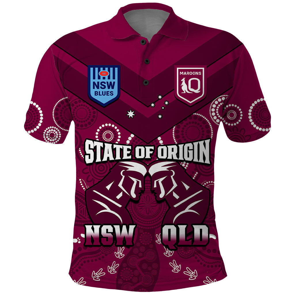 QLD Maroons and NSW Blues Rugby Polo Shirt State of Origin 2023 Indigenous Maroon - Vibe Hoodie Shop