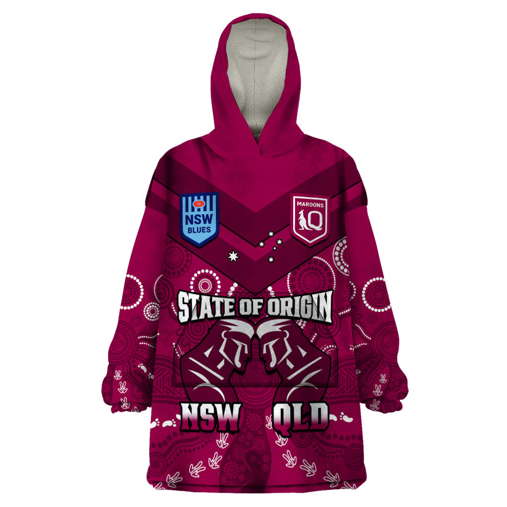 QLD Maroons and NSW Blues Rugby Wearable Blanket Hoodie State of Origin 2023 Indigenous Maroon - Vibe Hoodie Shop