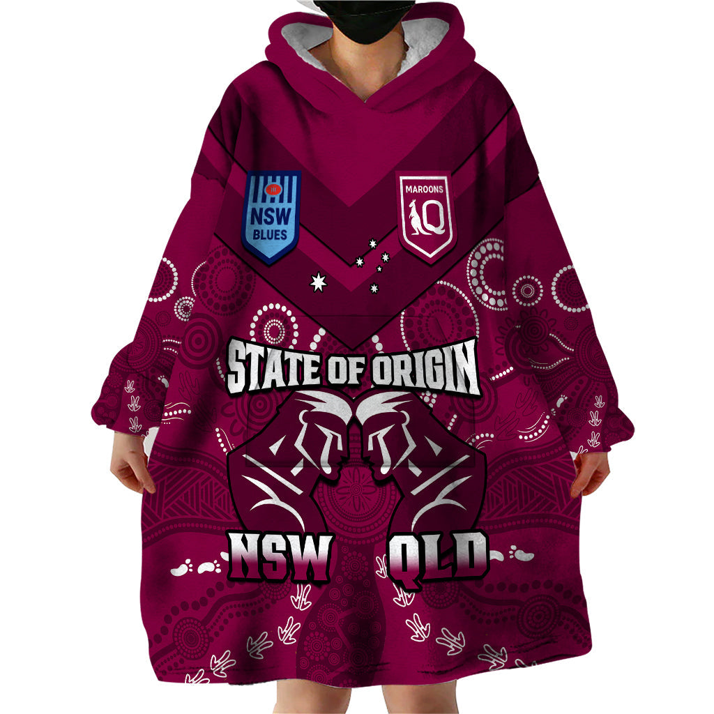 QLD Maroons and NSW Blues Rugby Wearable Blanket Hoodie State of Origin 2023 Indigenous Maroon - Vibe Hoodie Shop