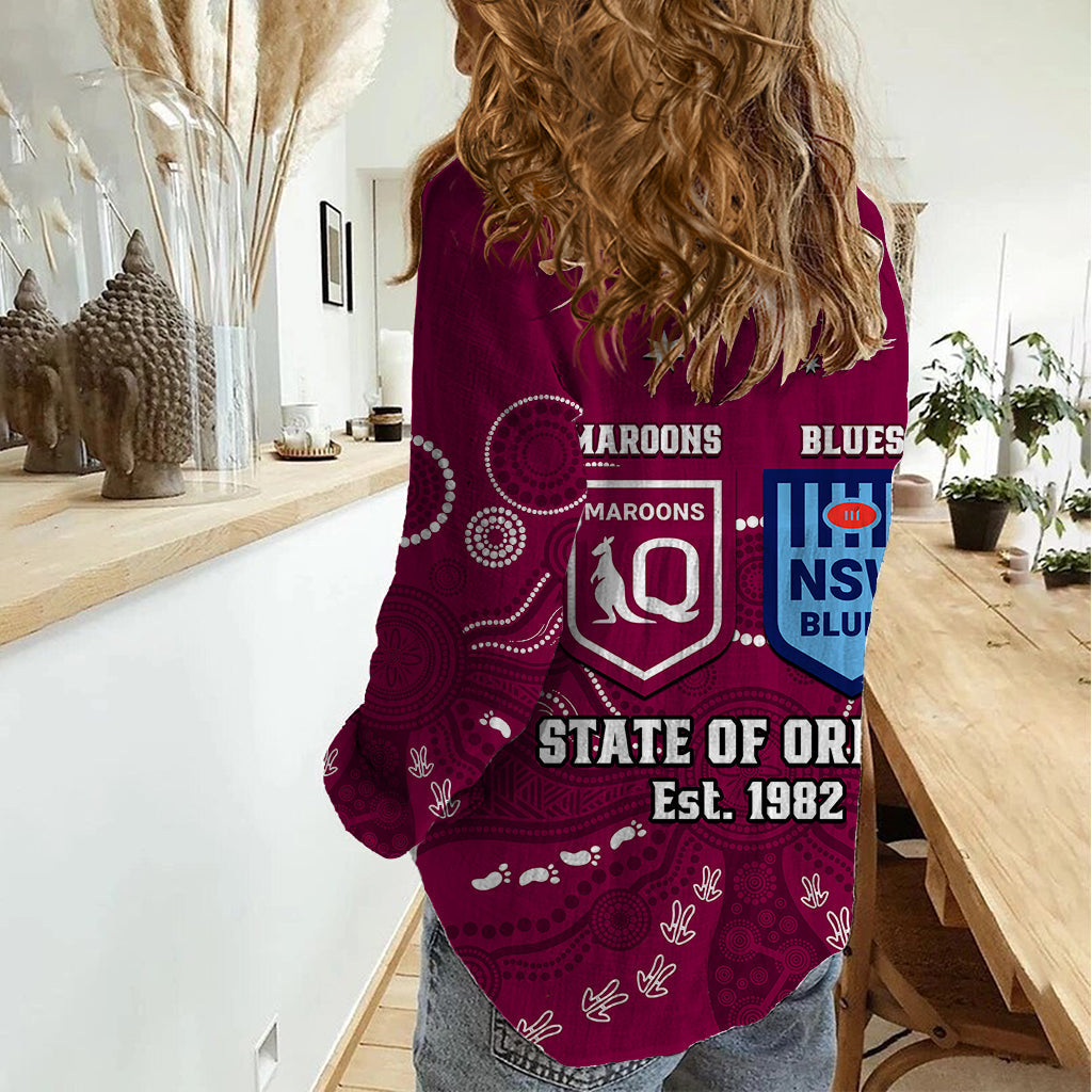 QLD Maroons and NSW Blues Rugby Women Casual Shirt State of Origin 2023 Indigenous Maroon - Vibe Hoodie Shop
