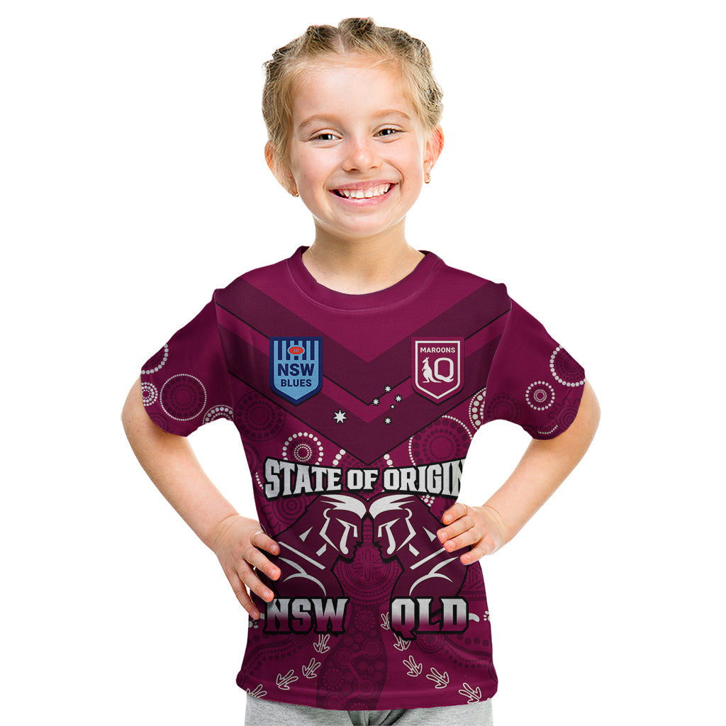 Personalised QLD Maroons and NSW Blues Rugby Kid T Shirt State of Origin 2023 Indigenous Maroon - Vibe Hoodie Shop