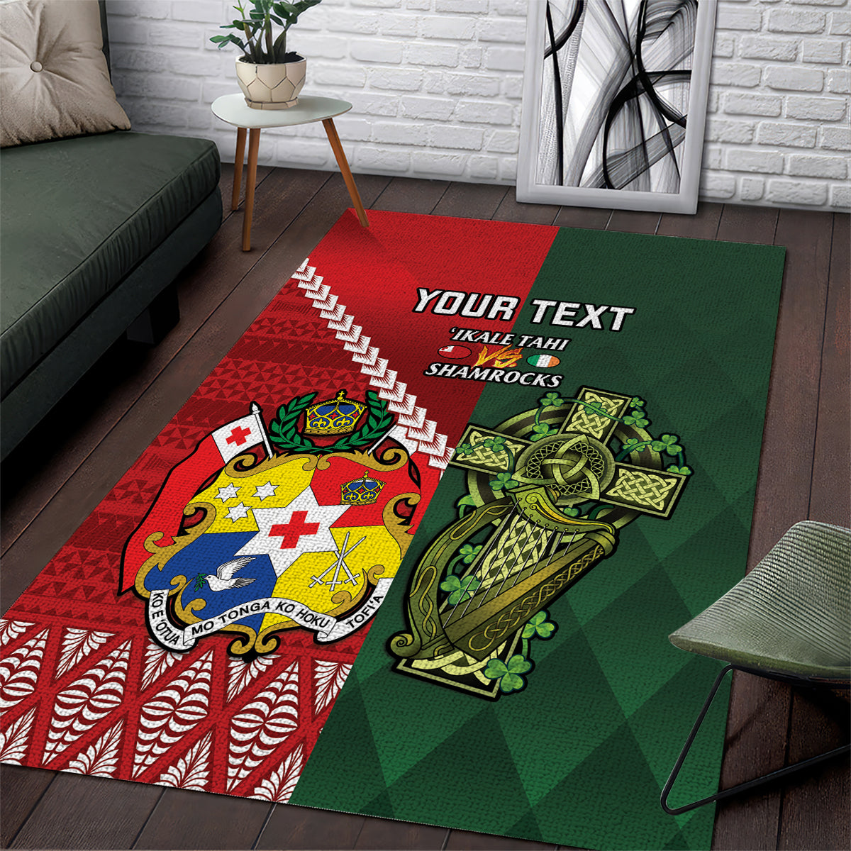 Custom Tonga And Ireland Rugby Area Rug Ikale Tahi With Shamrocks - Vibe Hoodie Shop