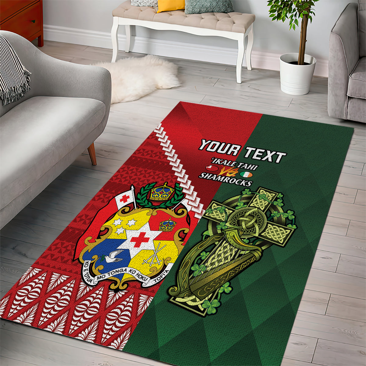 Custom Tonga And Ireland Rugby Area Rug Ikale Tahi With Shamrocks - Vibe Hoodie Shop