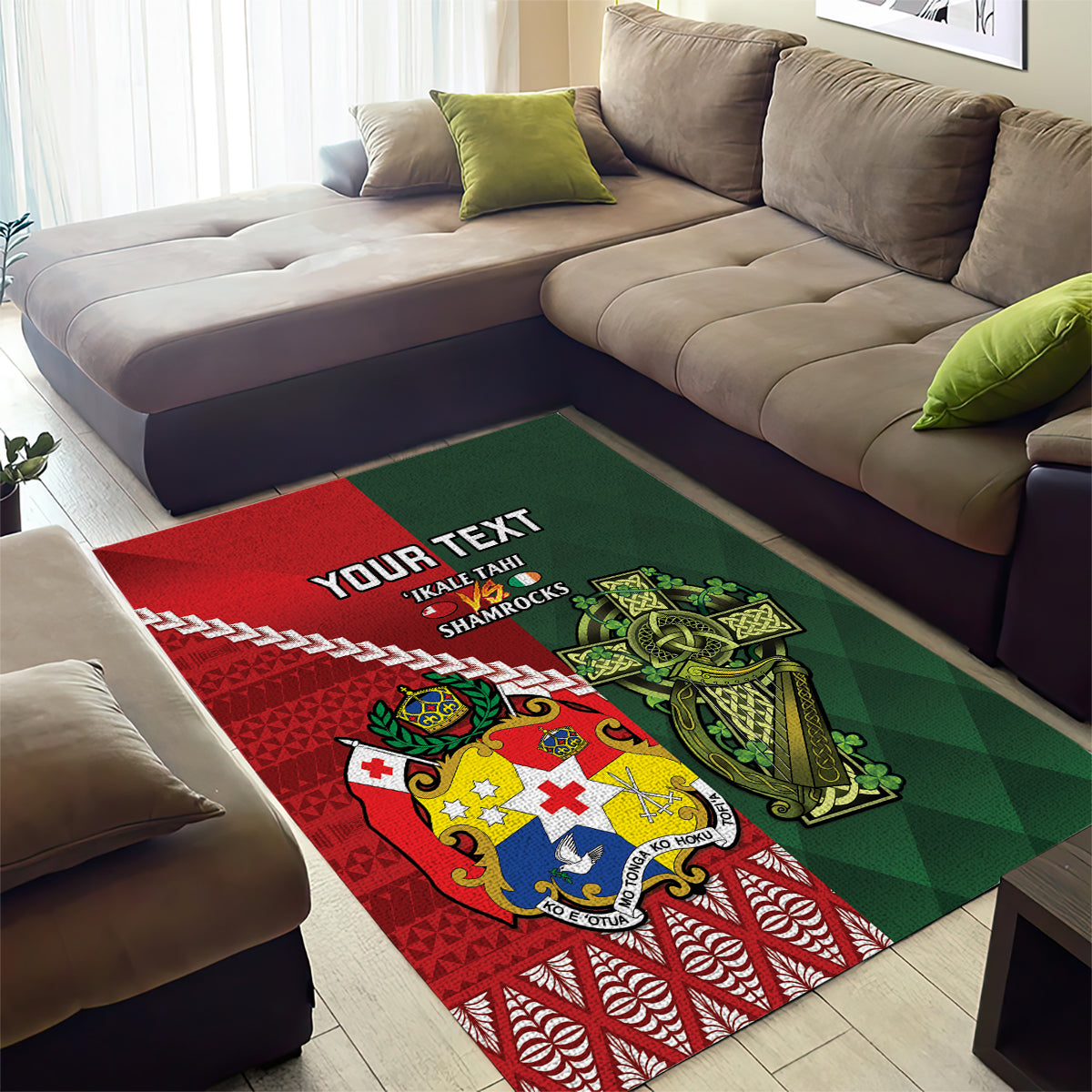 Custom Tonga And Ireland Rugby Area Rug Ikale Tahi With Shamrocks - Vibe Hoodie Shop