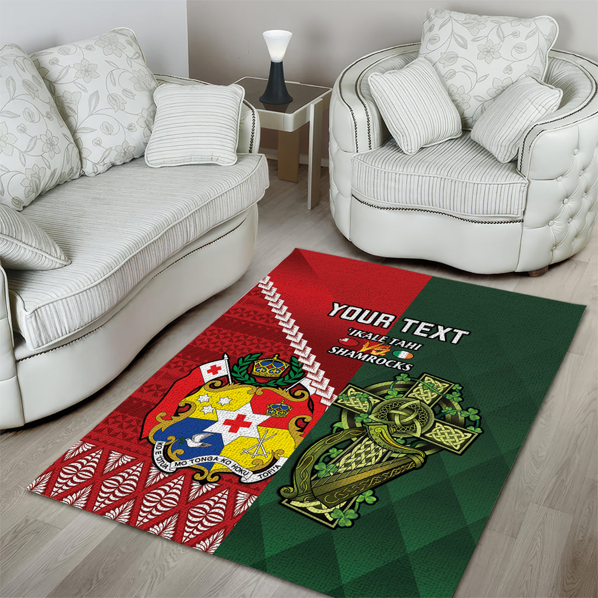 Custom Tonga And Ireland Rugby Area Rug Ikale Tahi With Shamrocks - Vibe Hoodie Shop