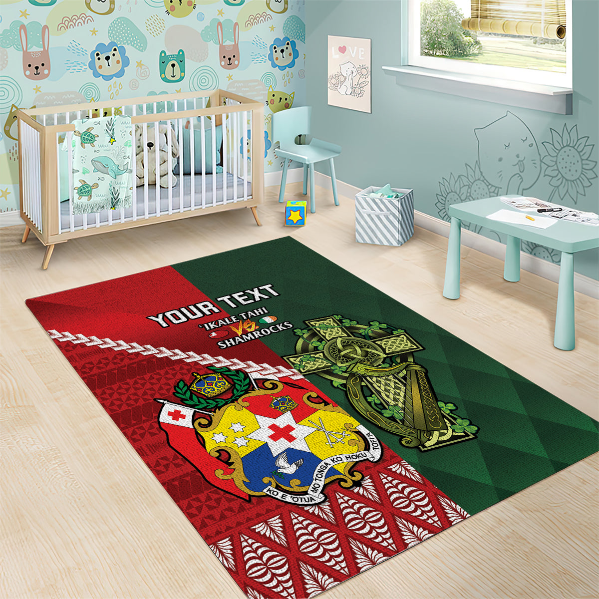 Custom Tonga And Ireland Rugby Area Rug Ikale Tahi With Shamrocks - Vibe Hoodie Shop