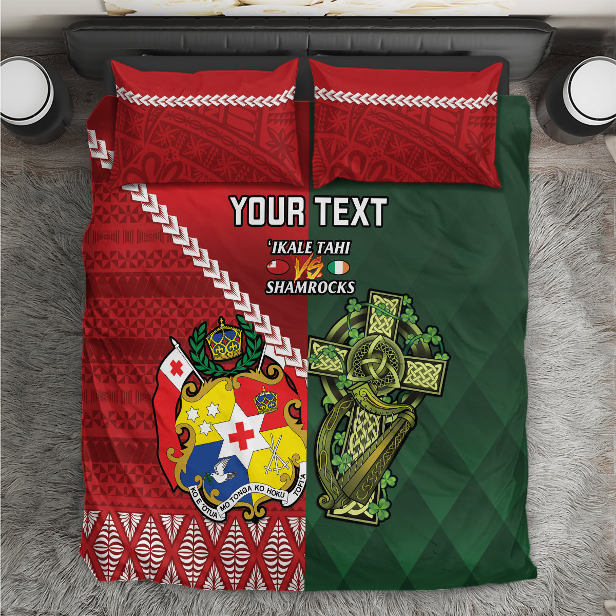 Custom Tonga And Ireland Rugby Bedding Set Ikale Tahi With Shamrocks - Vibe Hoodie Shop