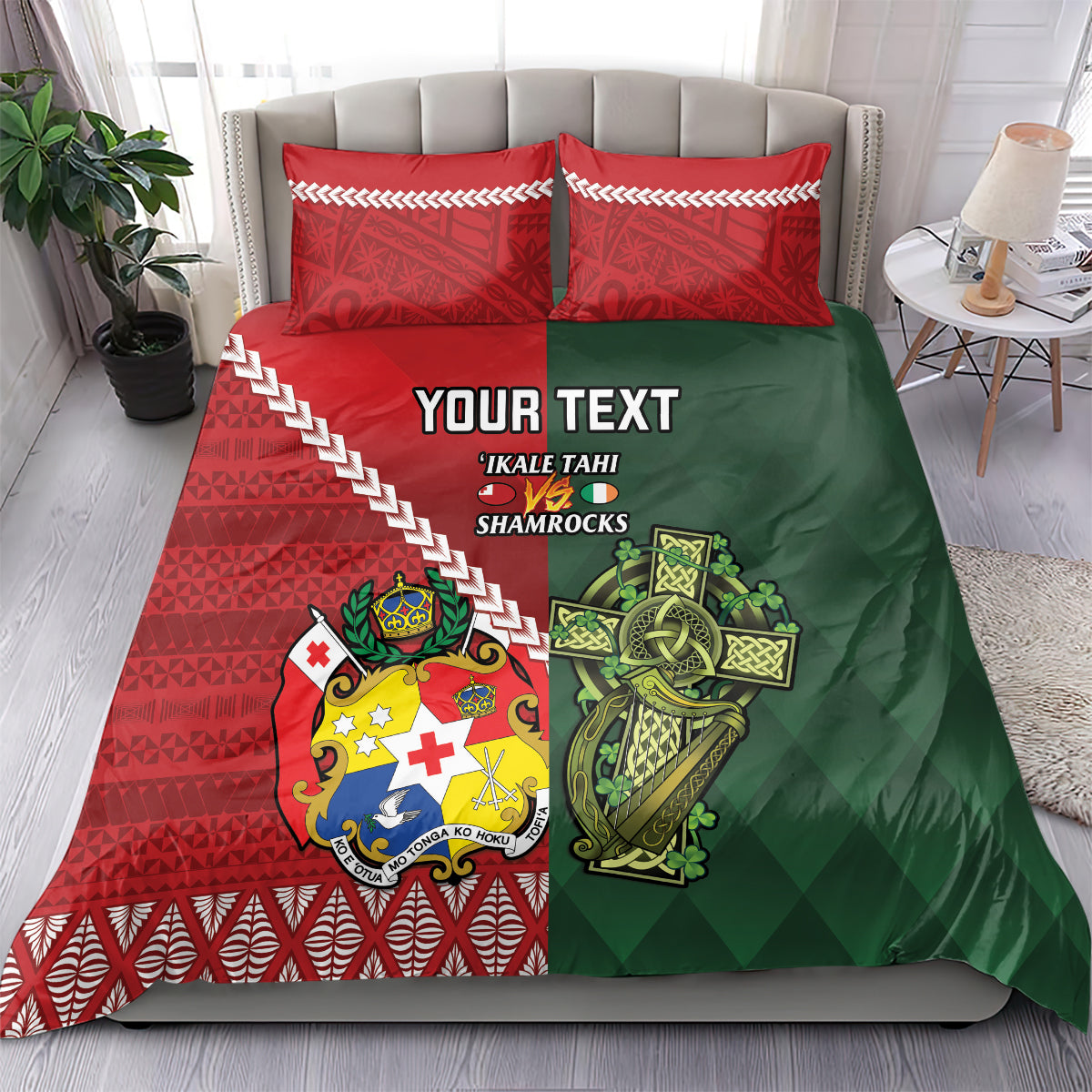Custom Tonga And Ireland Rugby Bedding Set Ikale Tahi With Shamrocks - Vibe Hoodie Shop