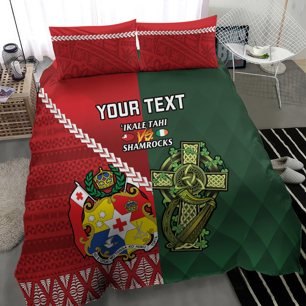 Custom Tonga And Ireland Rugby Bedding Set Ikale Tahi With Shamrocks - Vibe Hoodie Shop