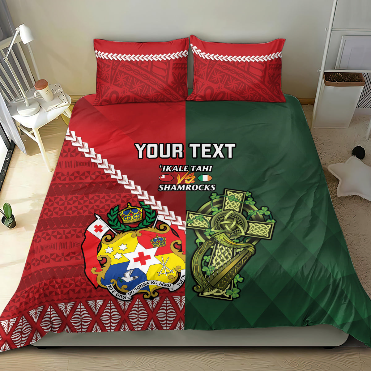 Custom Tonga And Ireland Rugby Bedding Set Ikale Tahi With Shamrocks - Vibe Hoodie Shop