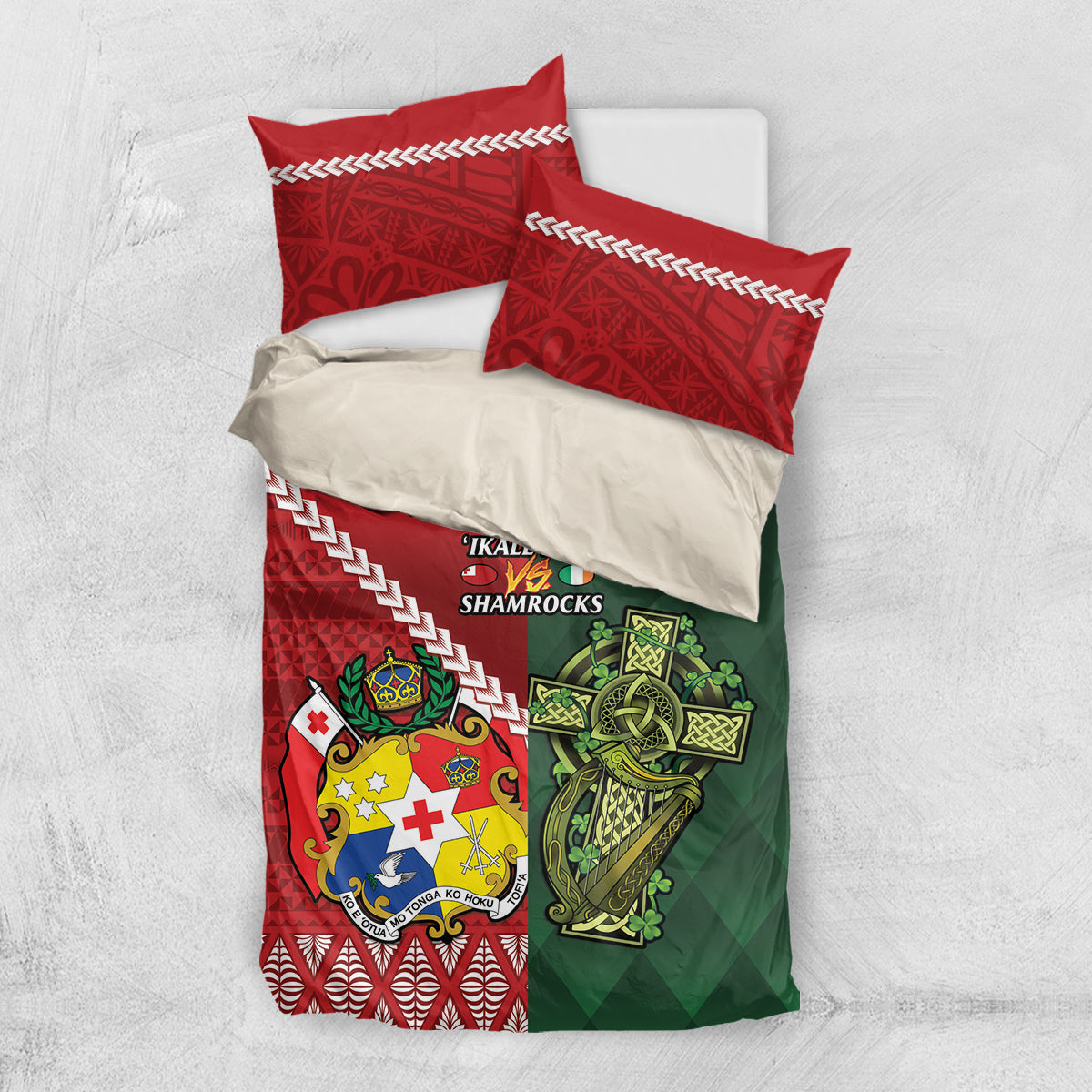 Custom Tonga And Ireland Rugby Bedding Set Ikale Tahi With Shamrocks - Vibe Hoodie Shop
