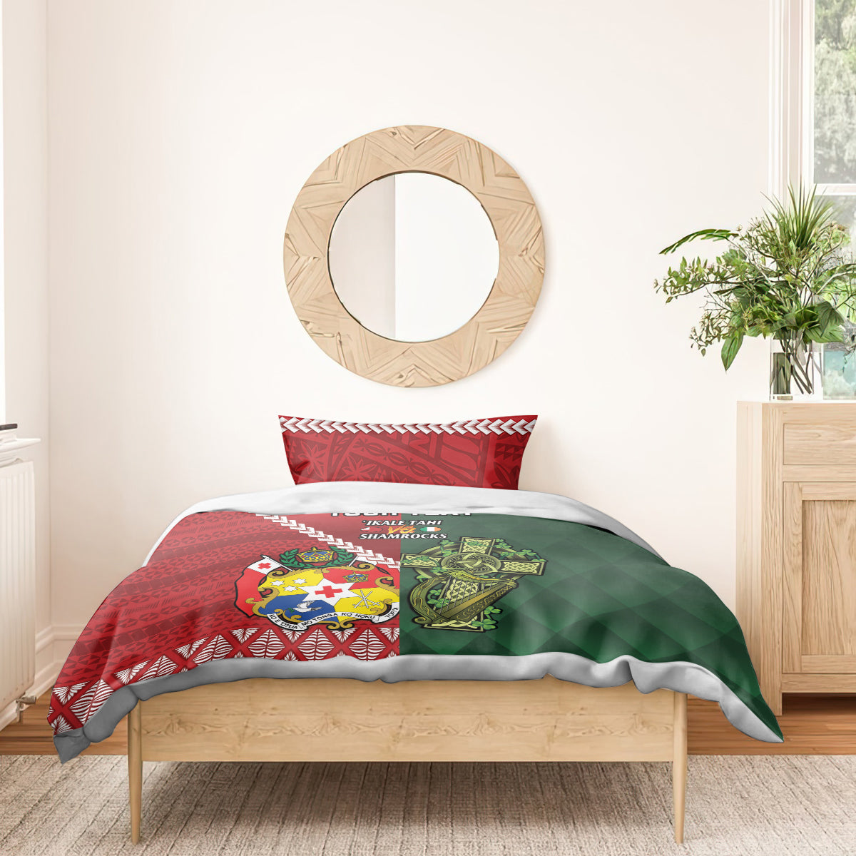 Custom Tonga And Ireland Rugby Bedding Set Ikale Tahi With Shamrocks - Vibe Hoodie Shop