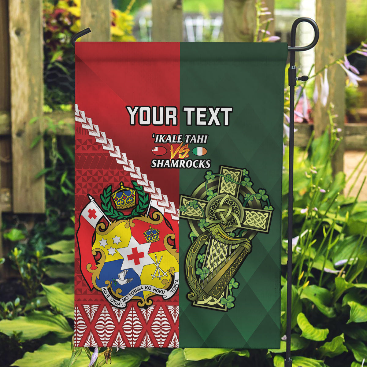 Custom Tonga And Ireland Rugby Garden Flag Ikale Tahi With Shamrocks - Vibe Hoodie Shop