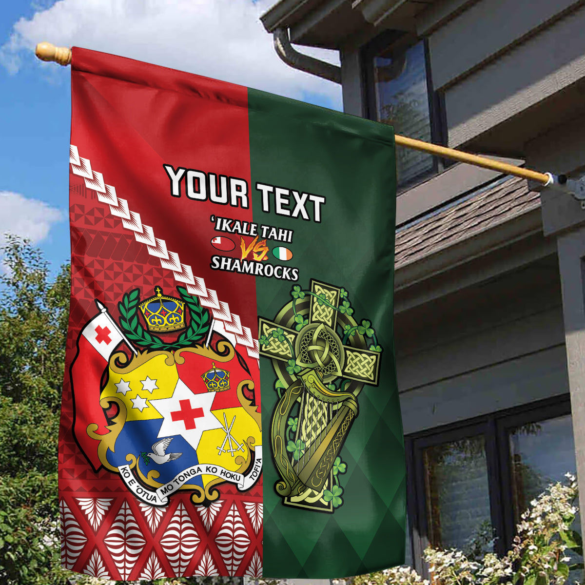 Custom Tonga And Ireland Rugby Garden Flag Ikale Tahi With Shamrocks - Vibe Hoodie Shop