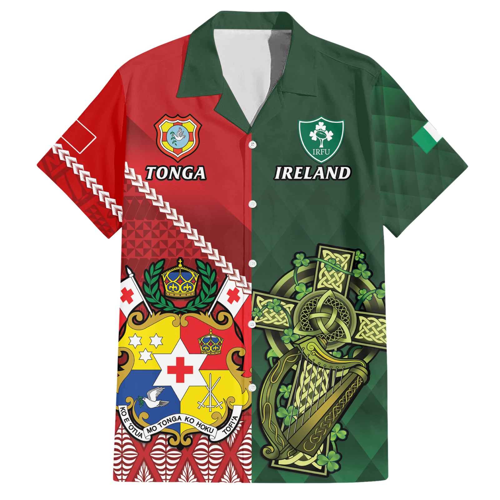 Custom Tonga And Ireland Rugby Hawaiian Shirt Ikale Tahi With Shamrocks - Vibe Hoodie Shop