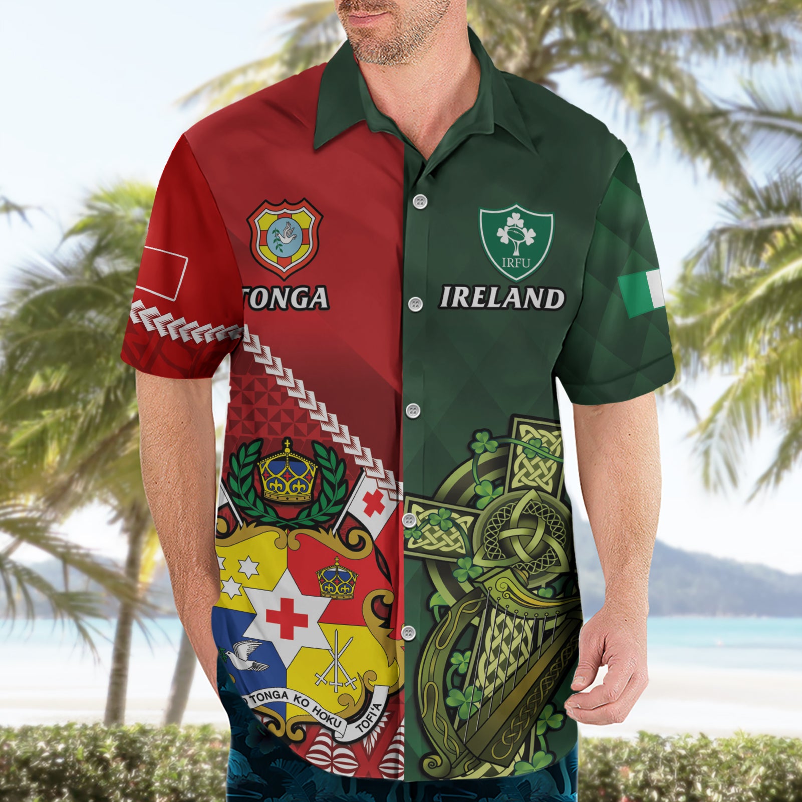 Custom Tonga And Ireland Rugby Hawaiian Shirt Ikale Tahi With Shamrocks - Vibe Hoodie Shop