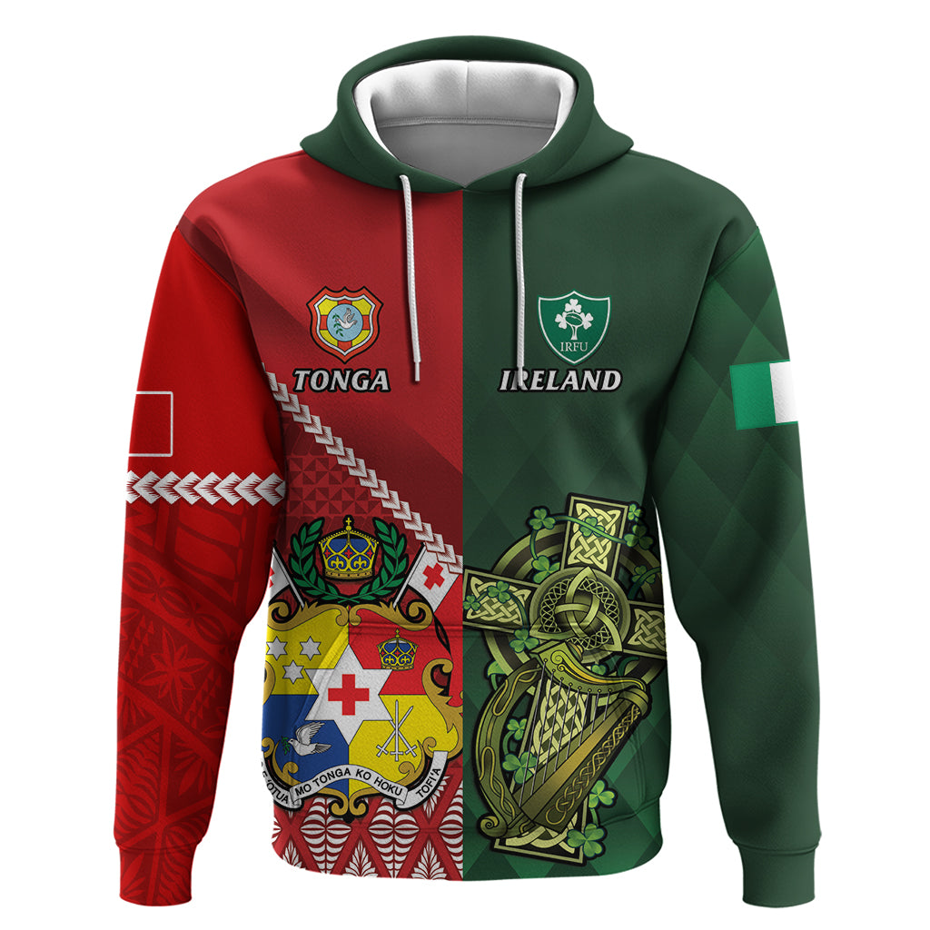 Custom Tonga And Ireland Rugby Hoodie Ikale Tahi With Shamrocks - Vibe Hoodie Shop