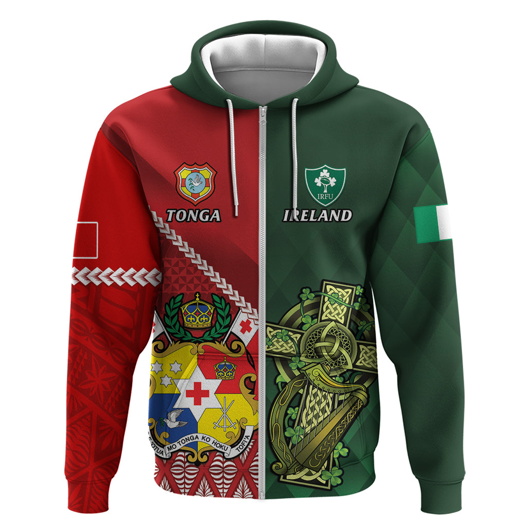 Custom Tonga And Ireland Rugby Hoodie Ikale Tahi With Shamrocks - Vibe Hoodie Shop