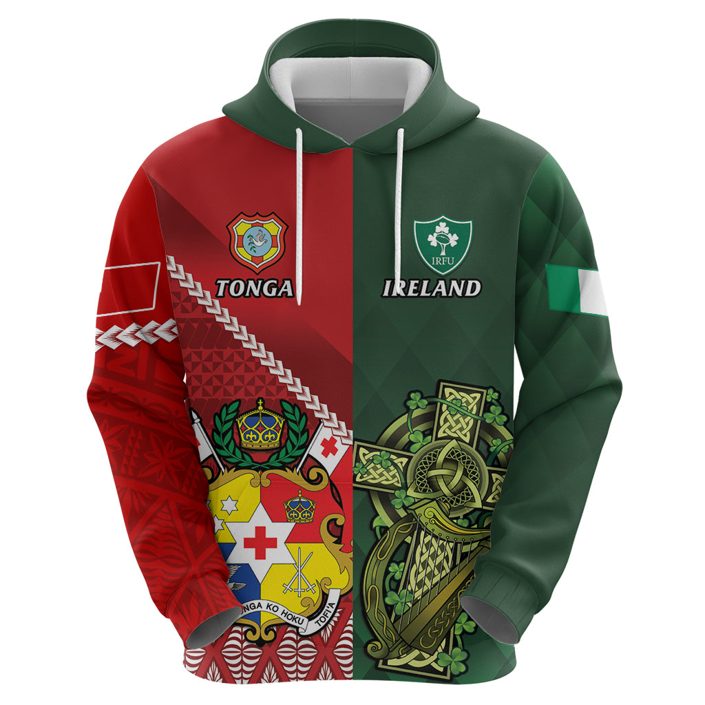 Custom Tonga And Ireland Rugby Hoodie Ikale Tahi With Shamrocks - Vibe Hoodie Shop