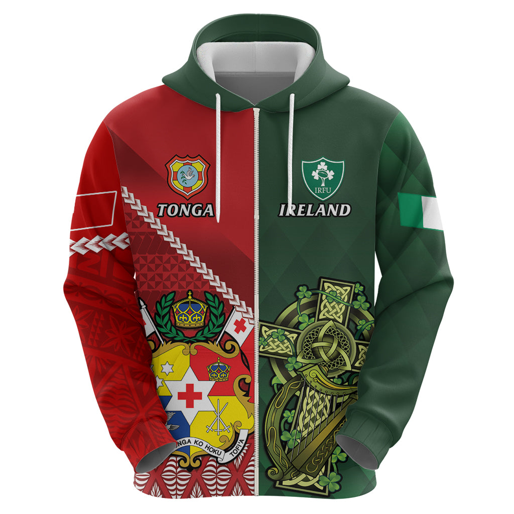Custom Tonga And Ireland Rugby Hoodie Ikale Tahi With Shamrocks - Vibe Hoodie Shop
