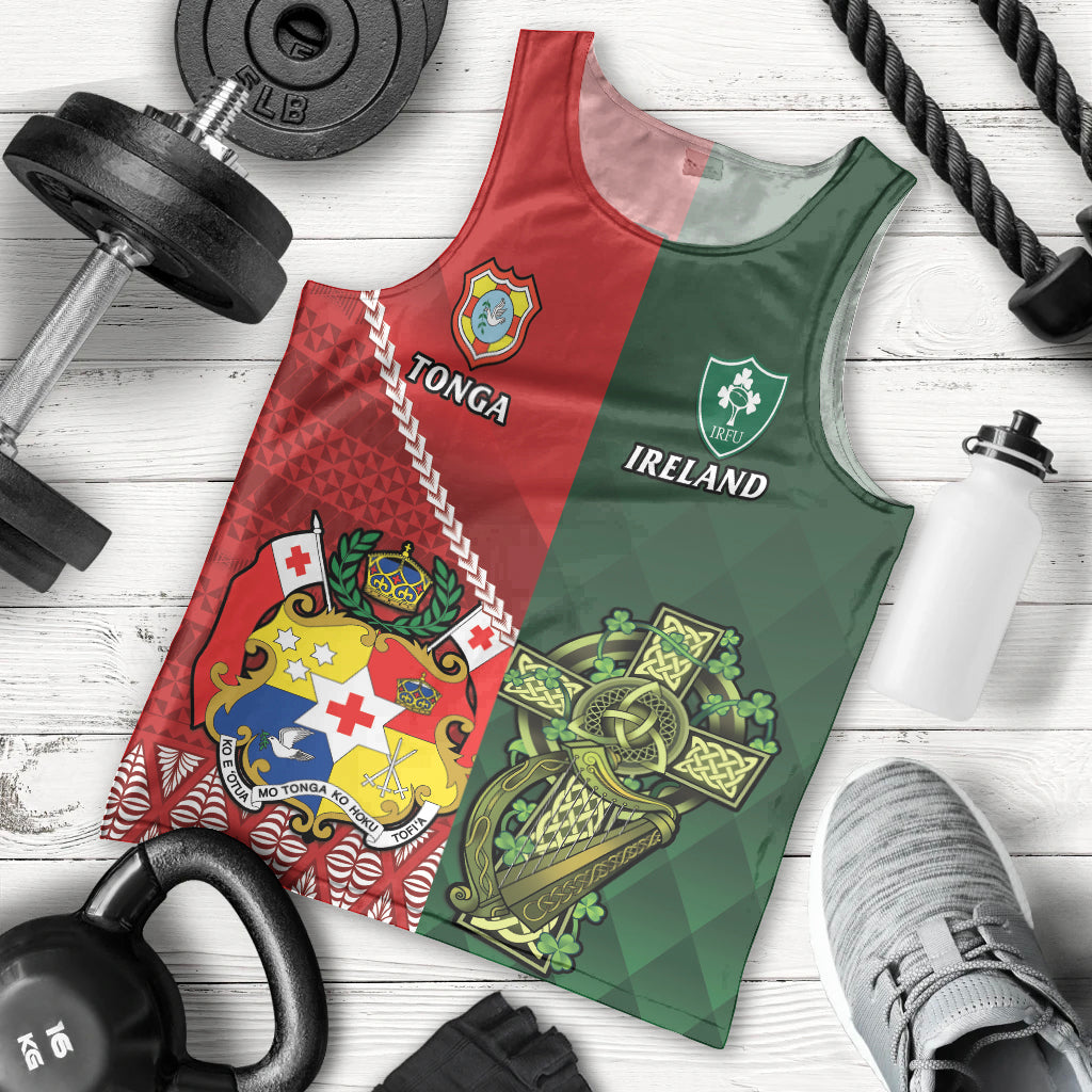 Custom Tonga And Ireland Rugby Men Tank Top Ikale Tahi With Shamrocks - Vibe Hoodie Shop