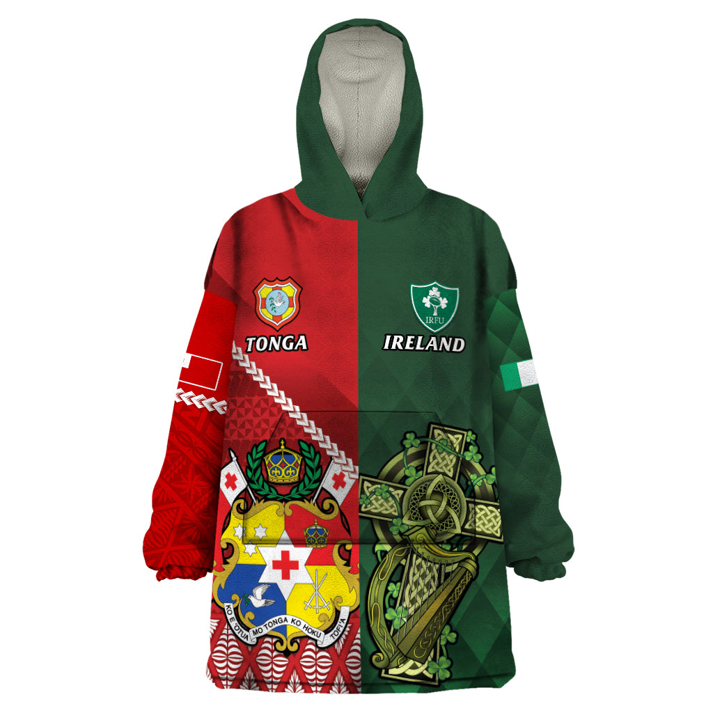 Custom Tonga And Ireland Rugby Wearable Blanket Hoodie Ikale Tahi With Shamrocks - Vibe Hoodie Shop