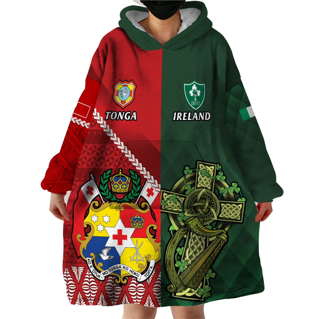 Custom Tonga And Ireland Rugby Wearable Blanket Hoodie Ikale Tahi With Shamrocks - Vibe Hoodie Shop