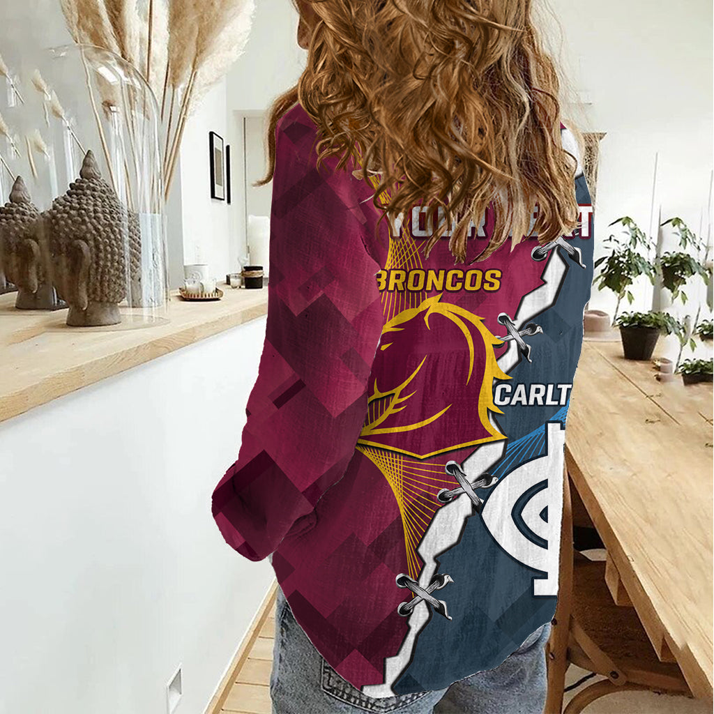 Personalised Broncos Rugby And Carlton Football Women Casual Shirt Sporty Version - Vibe Hoodie Shop
