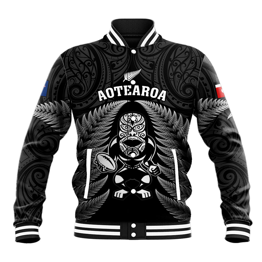 New Zealand Aotearoa Rugby Baseball Jacket NZ Tiki With Maori Fern World Cup Black Version - Vibe Hoodie Shop