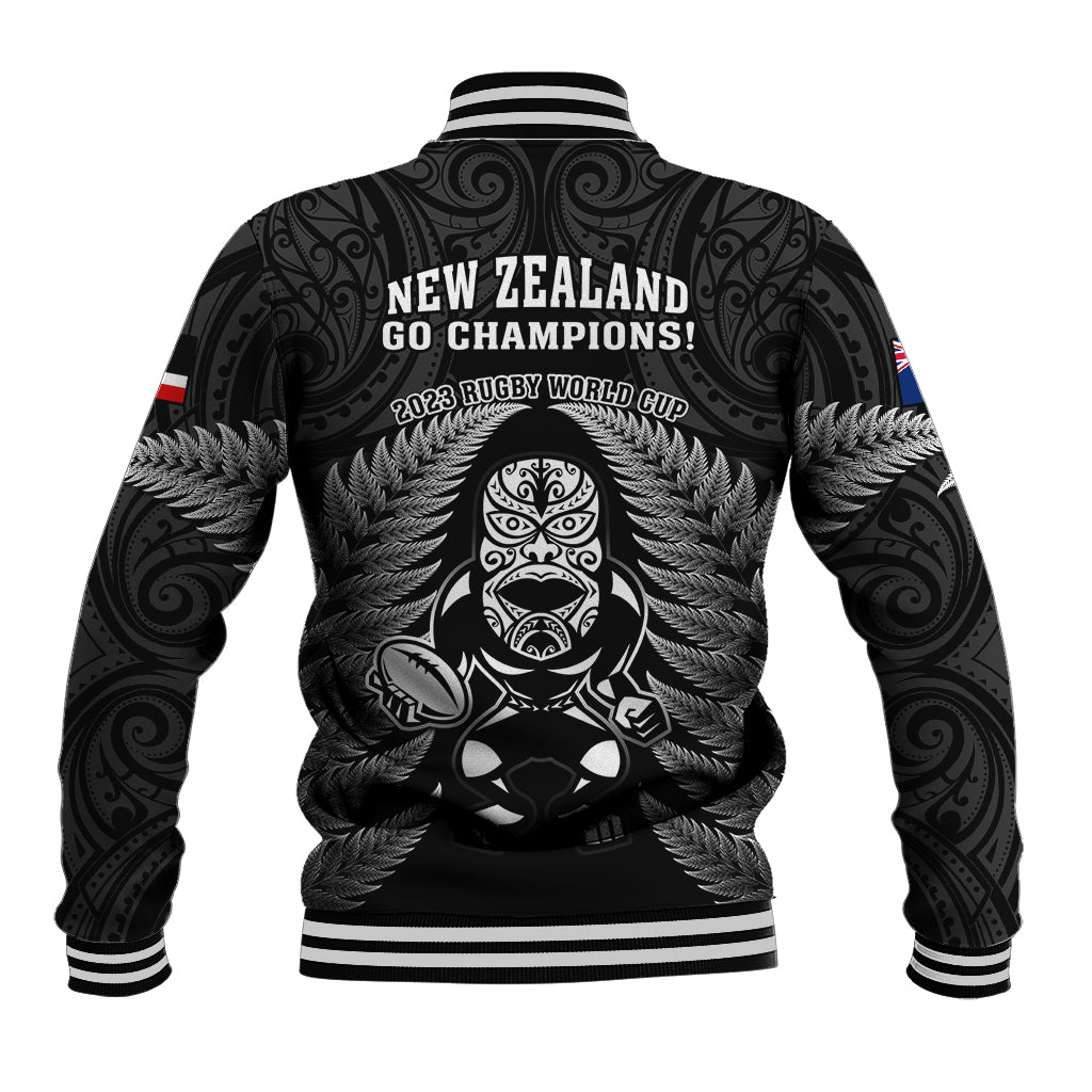 New Zealand Aotearoa Rugby Baseball Jacket NZ Tiki With Maori Fern World Cup Black Version - Vibe Hoodie Shop