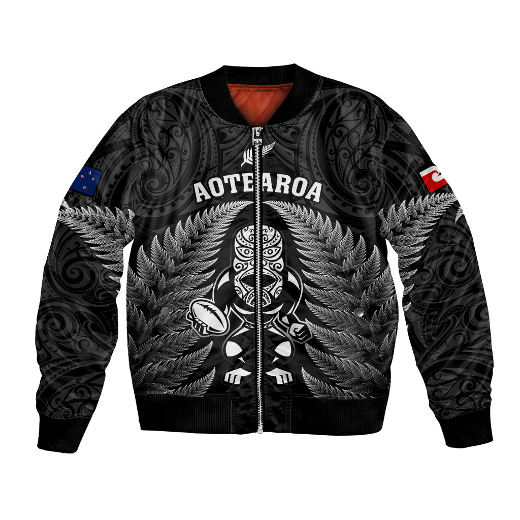 New Zealand Aotearoa Rugby Bomber Jacket NZ Tiki With Maori Fern World Cup Black Version - Vibe Hoodie Shop