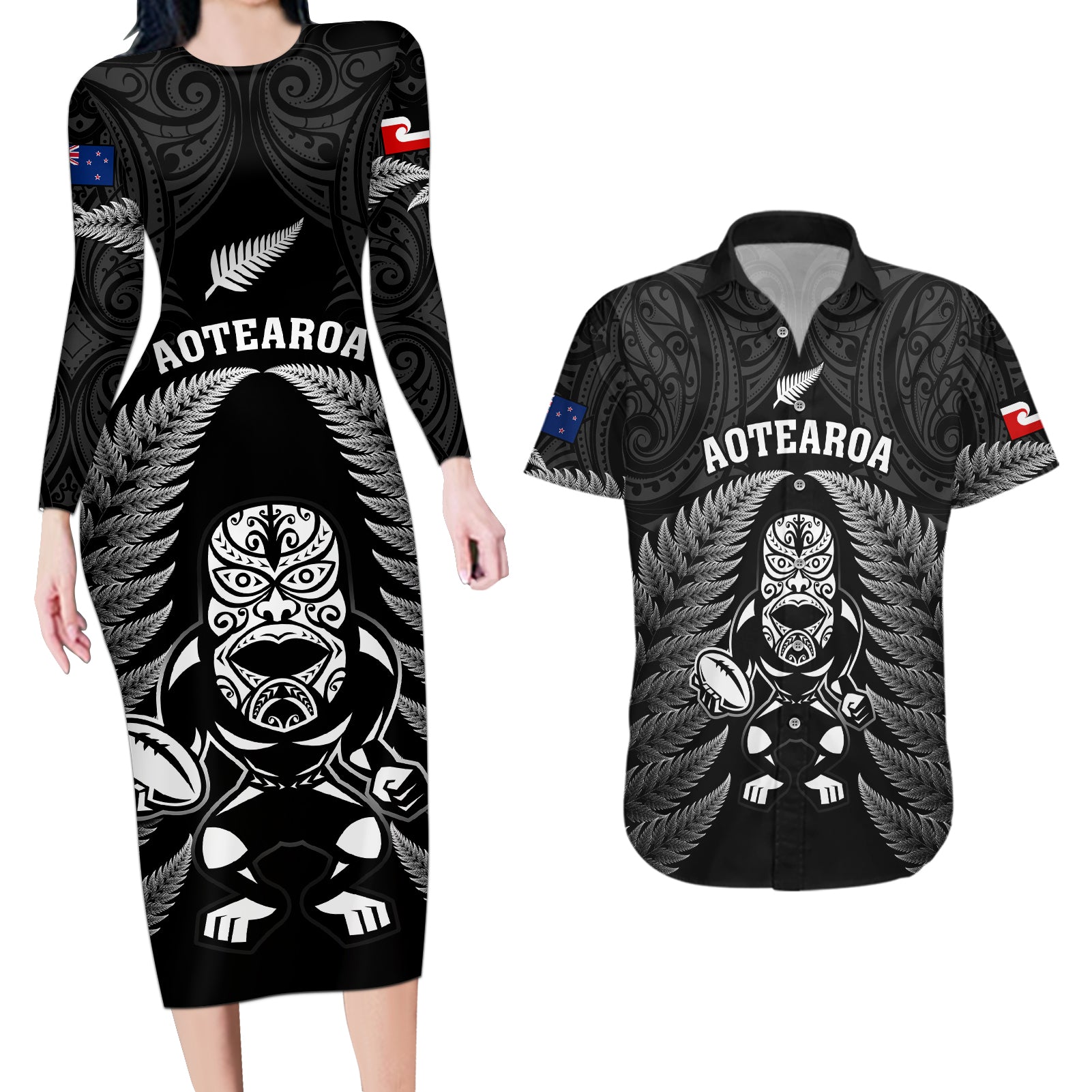 new-zealand-aotearoa-rugby-couples-matching-long-sleeve-bodycon-dress-and-hawaiian-shirt-nz-tiki-with-maori-fern-world-cup-black-version