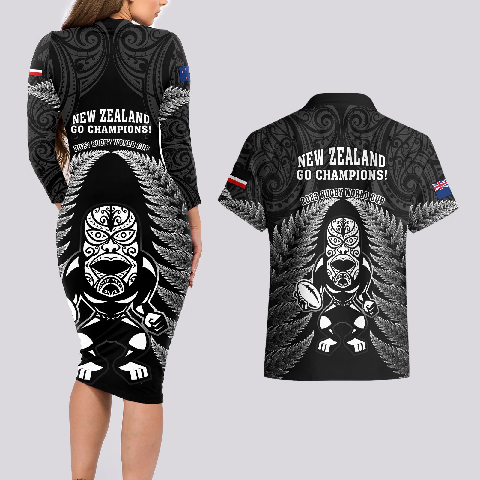 new-zealand-aotearoa-rugby-couples-matching-long-sleeve-bodycon-dress-and-hawaiian-shirt-nz-tiki-with-maori-fern-world-cup-black-version