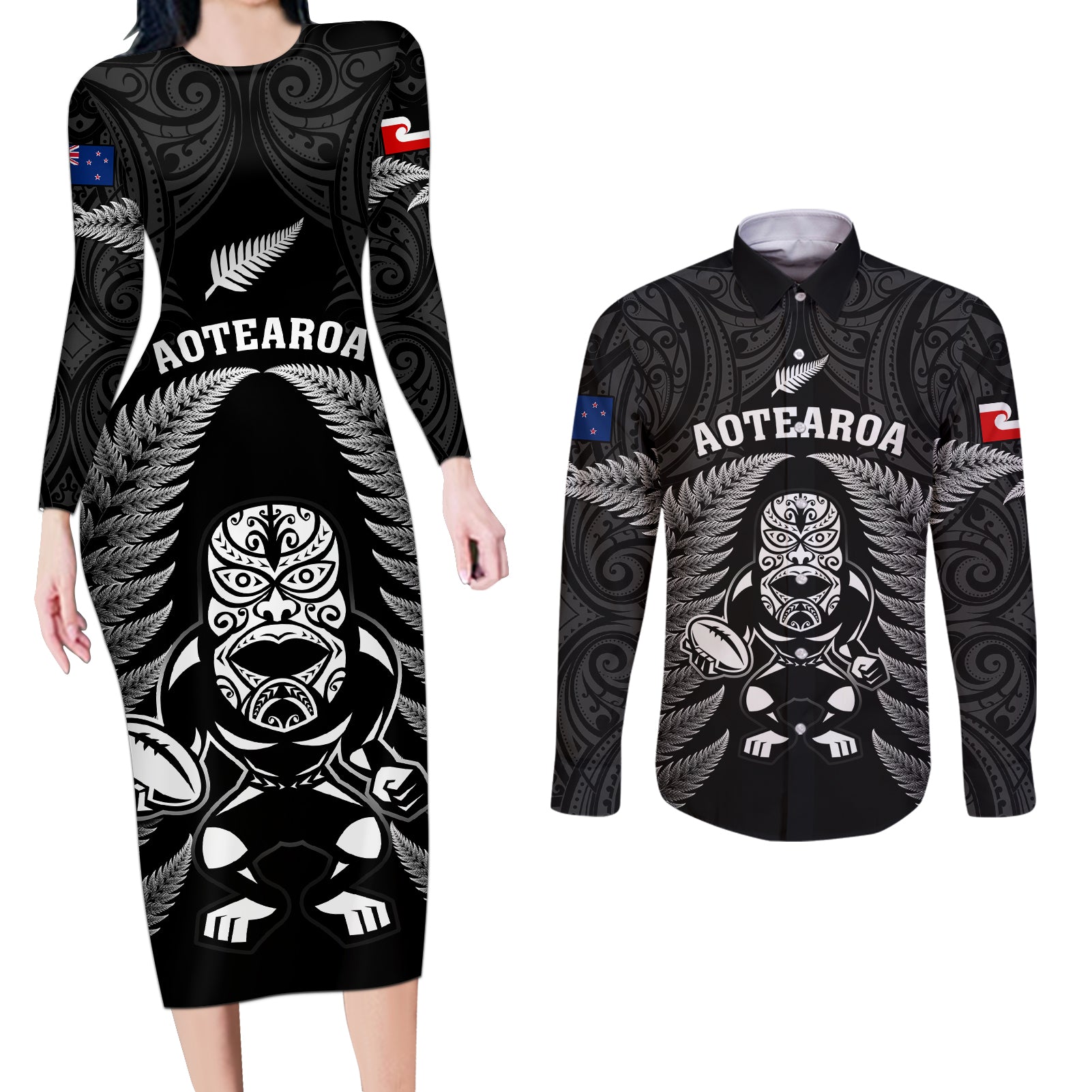 new-zealand-aotearoa-rugby-couples-matching-long-sleeve-bodycon-dress-and-long-sleeve-button-shirts-nz-tiki-with-maori-fern-world-cup-black-version