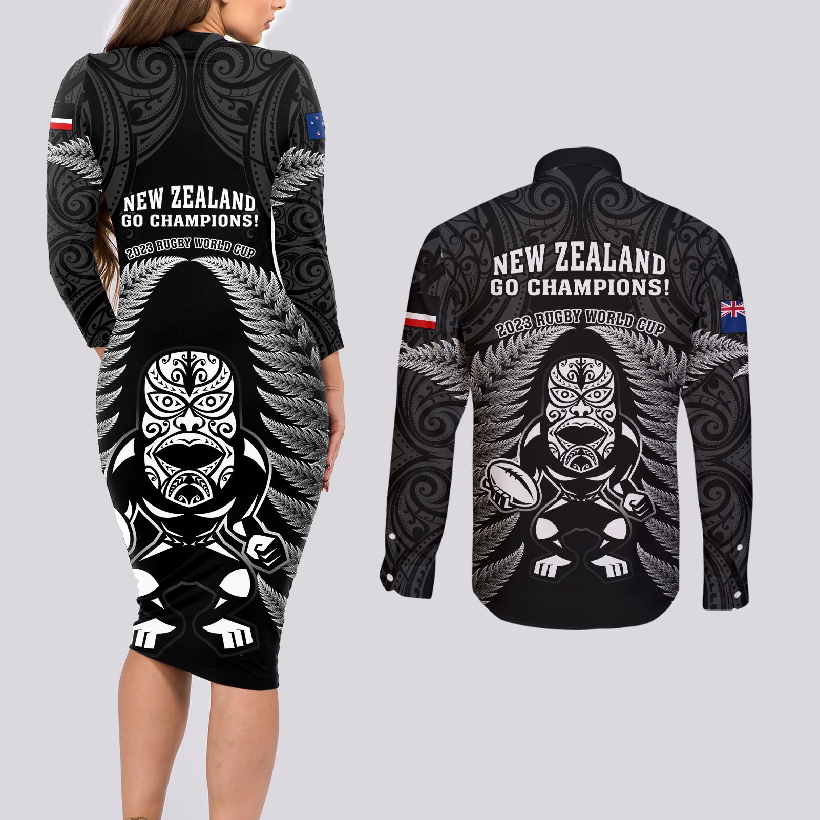 new-zealand-aotearoa-rugby-couples-matching-long-sleeve-bodycon-dress-and-long-sleeve-button-shirts-nz-tiki-with-maori-fern-world-cup-black-version