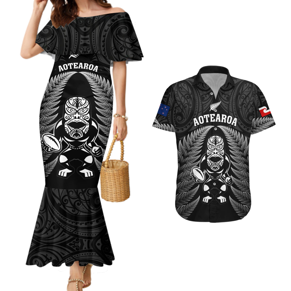 new-zealand-aotearoa-rugby-couples-matching-mermaid-dress-and-hawaiian-shirt-nz-tiki-with-maori-fern-world-cup-black-version