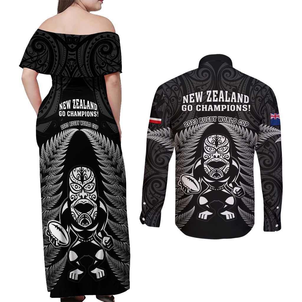 new-zealand-aotearoa-rugby-couples-matching-off-shoulder-maxi-dress-and-long-sleeve-button-shirts-nz-tiki-with-maori-fern-world-cup-black-version
