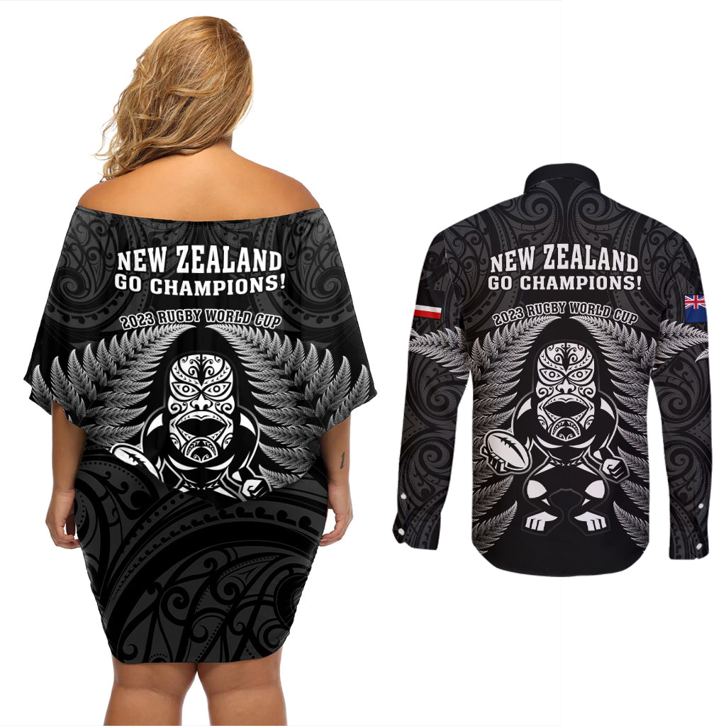 new-zealand-aotearoa-rugby-couples-matching-off-shoulder-short-dress-and-long-sleeve-button-shirts-nz-tiki-with-maori-fern-world-cup-black-version