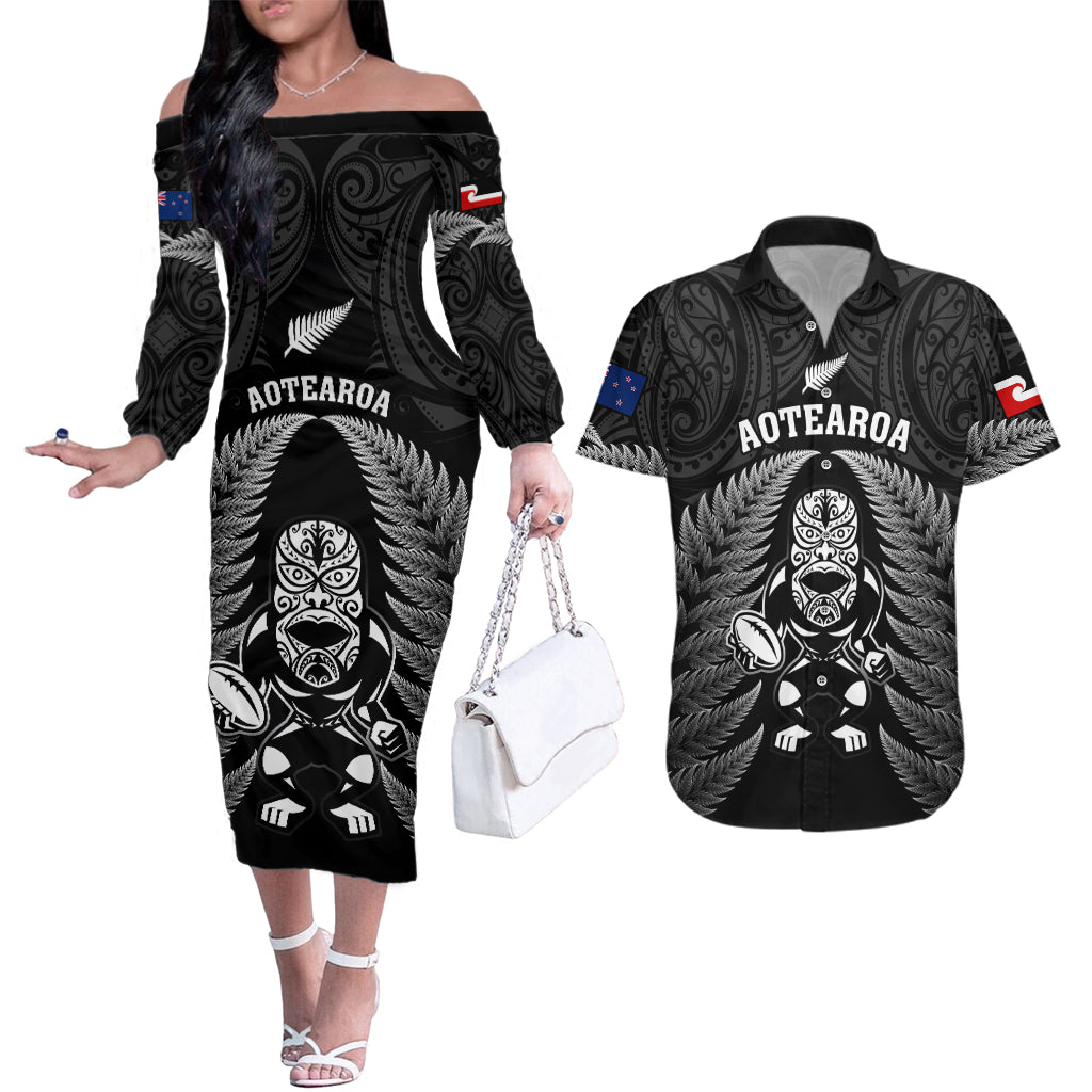 new-zealand-aotearoa-rugby-couples-matching-off-the-shoulder-long-sleeve-dress-and-hawaiian-shirt-nz-tiki-with-maori-fern-world-cup-black-version