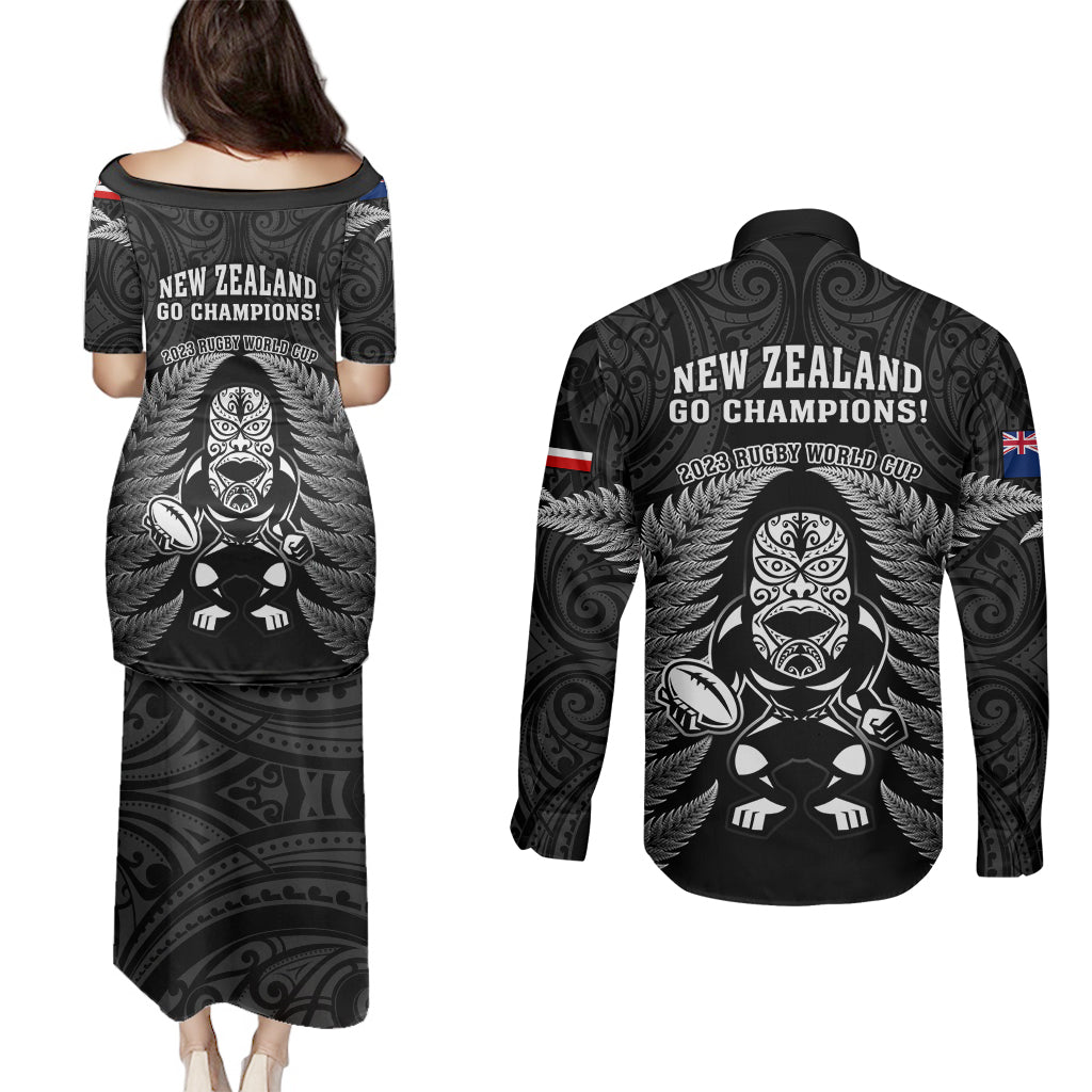 new-zealand-aotearoa-rugby-couples-matching-puletasi-dress-and-long-sleeve-button-shirts-nz-tiki-with-maori-fern-world-cup-black-version