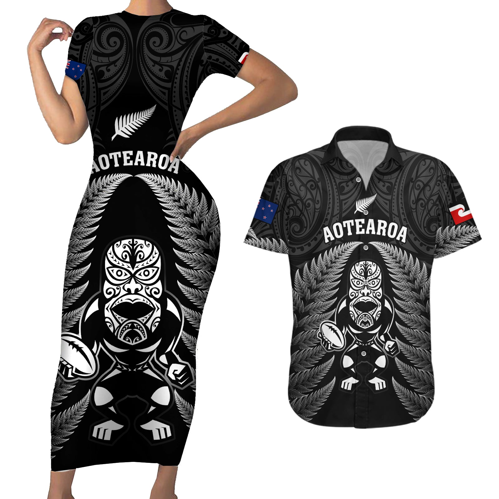 new-zealand-aotearoa-rugby-couples-matching-short-sleeve-bodycon-dress-and-hawaiian-shirt-nz-tiki-with-maori-fern-world-cup-black-version