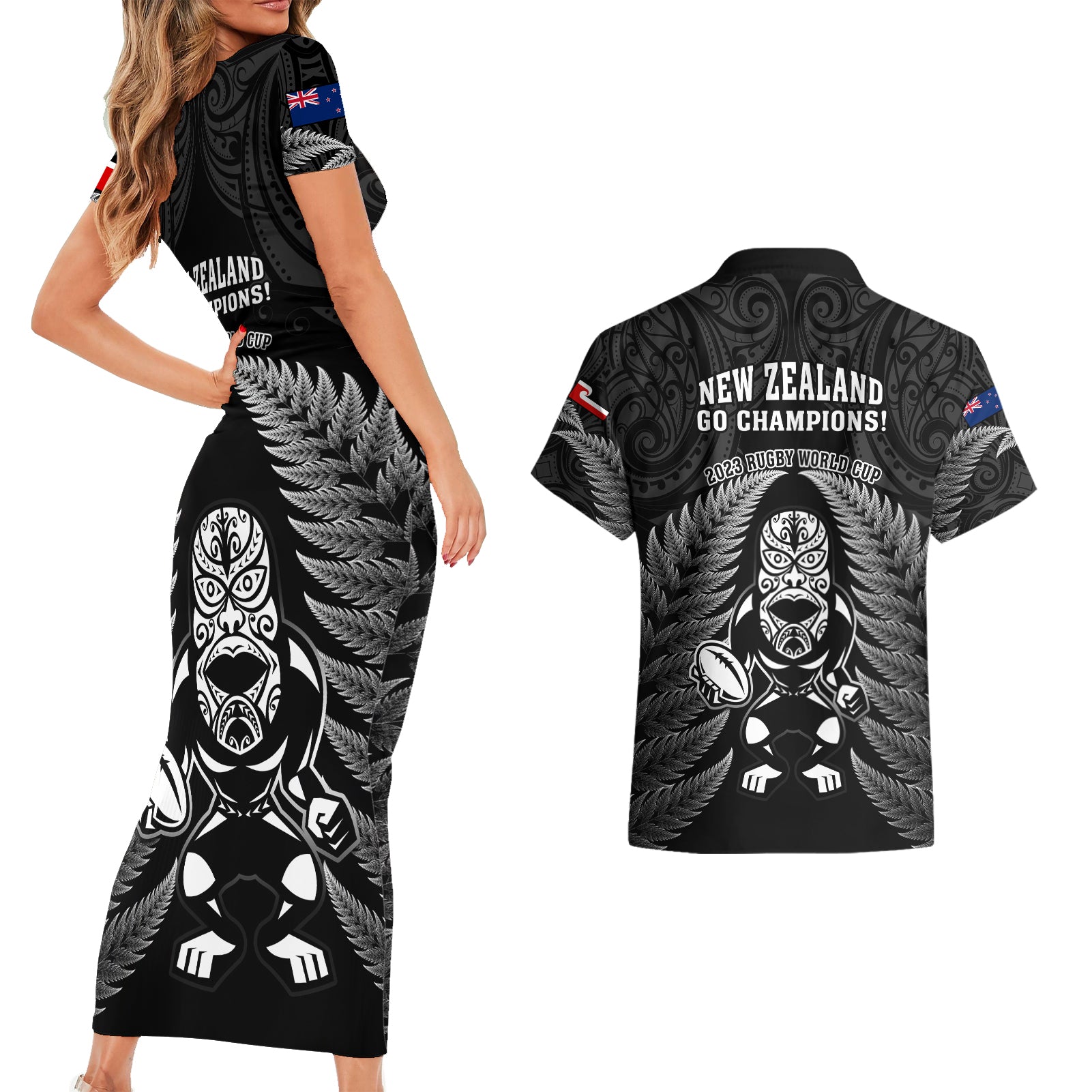 new-zealand-aotearoa-rugby-couples-matching-short-sleeve-bodycon-dress-and-hawaiian-shirt-nz-tiki-with-maori-fern-world-cup-black-version