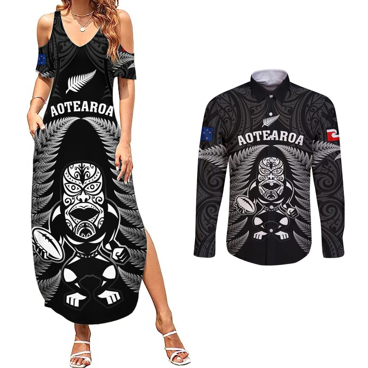 new-zealand-aotearoa-rugby-couples-matching-summer-maxi-dress-and-long-sleeve-button-shirts-nz-tiki-with-maori-fern-world-cup-black-version