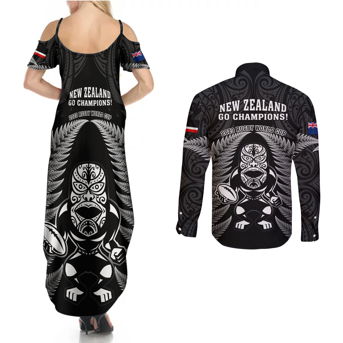 new-zealand-aotearoa-rugby-couples-matching-summer-maxi-dress-and-long-sleeve-button-shirts-nz-tiki-with-maori-fern-world-cup-black-version