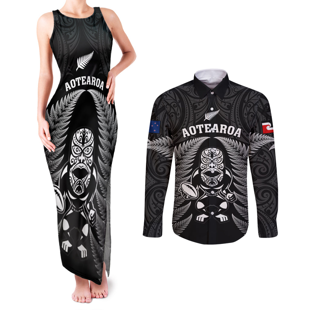 new-zealand-aotearoa-rugby-couples-matching-tank-maxi-dress-and-long-sleeve-button-shirts-nz-tiki-with-maori-fern-world-cup-black-version