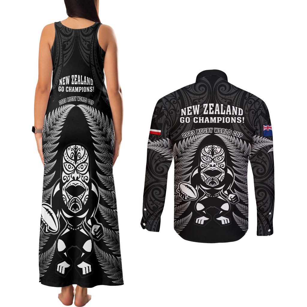 new-zealand-aotearoa-rugby-couples-matching-tank-maxi-dress-and-long-sleeve-button-shirts-nz-tiki-with-maori-fern-world-cup-black-version