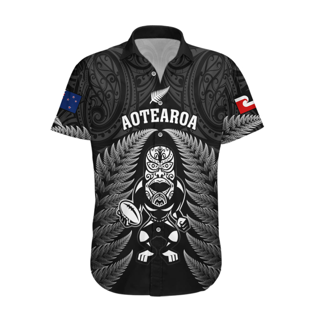 New Zealand Aotearoa Rugby Hawaiian Shirt NZ Tiki With Maori Fern World Cup Black Version - Vibe Hoodie Shop