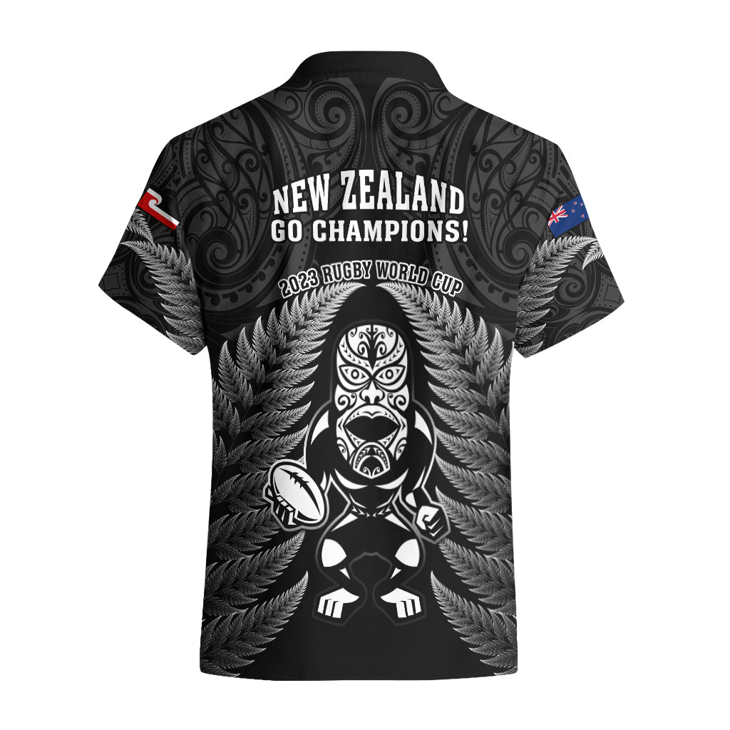 New Zealand Aotearoa Rugby Hawaiian Shirt NZ Tiki With Maori Fern World Cup Black Version - Vibe Hoodie Shop