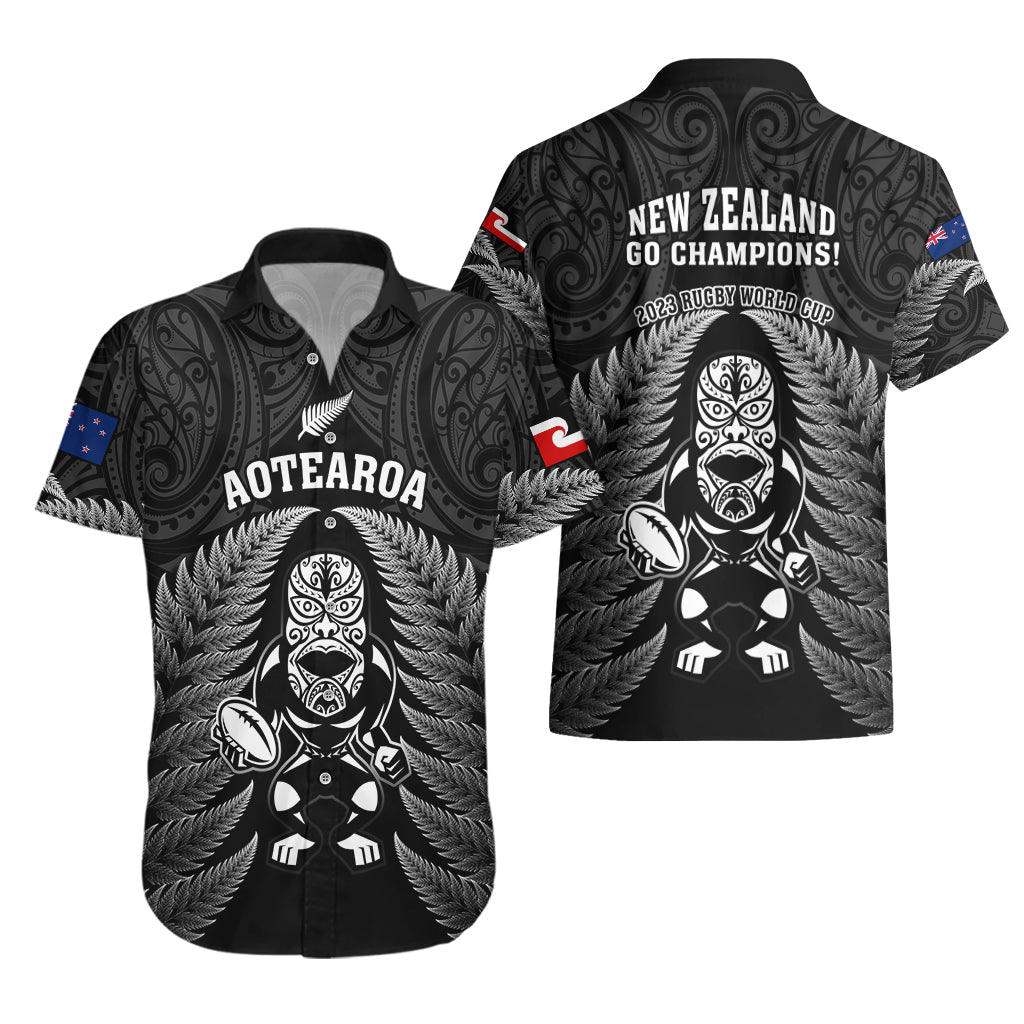 New Zealand Aotearoa Rugby Hawaiian Shirt NZ Tiki With Maori Fern World Cup Black Version - Vibe Hoodie Shop